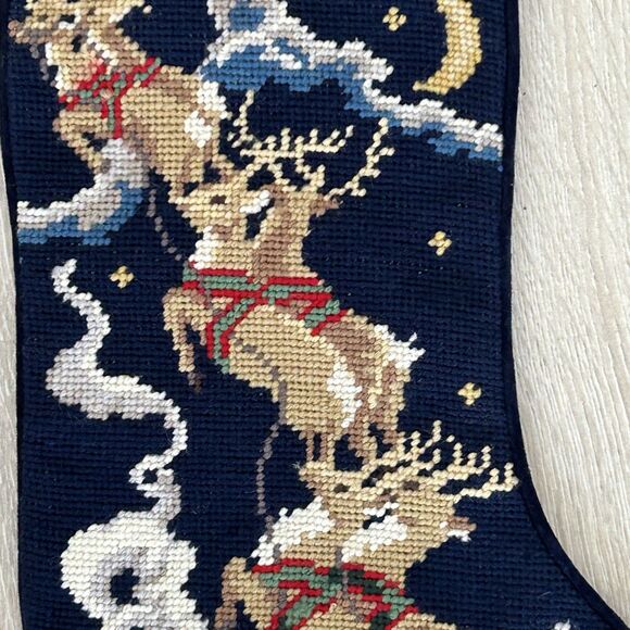 Lands End Needlepoint Stocking Santa Clause Sleigh Reindeer "Julie" Monogram - Picture 3 of 7